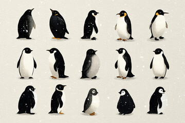 Obraz premium Penguin illustration collection with various black and white penguin species standing on textured background with falling snow, showcasing minimalist and natural winter wildlife charm