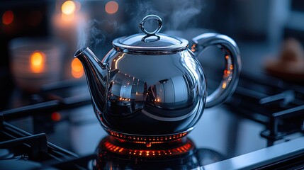 Elegant stainless steel kettle boiling on a modern stove with soft candlelight in the background creating a cozy kitchen atmosphere