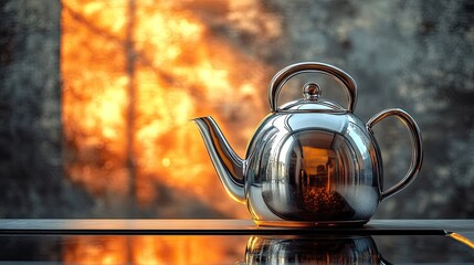 Elegant stainless steel kettle reflecting warm light with a blurred backdrop of a glowing sunset or fire creating a serene atmosphere in the kitchen