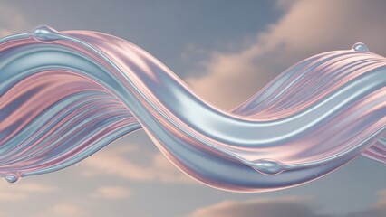 Iridescent Liquid Wave Forms A Twisted Ribbon Against A Cloudy Sky Backdrop