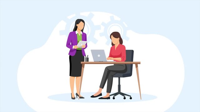 Female Coworkers Collaborating at Workplace. Coworkers collaborating concept. Full length animation illustration. High quality&nbsp;4k&nbsp;footage