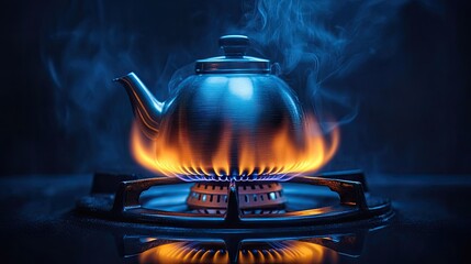 Beautiful antique kettle with steam and flames on stove ignites a sense of warmth and culinary tradition while capturing the essence of cooking at home