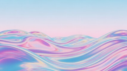 Iridescent Liquid Waves Rippling Across Pastel Sky
