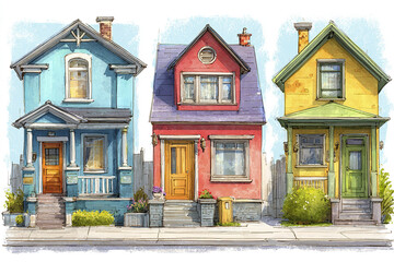 Colorful house illustration with blue, red, and yellow facades, charming porches, and detailed windows, evoking cozy and inviting neighborhood atmosphere