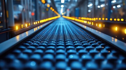 Interior view of a modern automated conveyor system in a manufacturing facility showing smooth operation and bright lighting creating a futuristic atmosphere