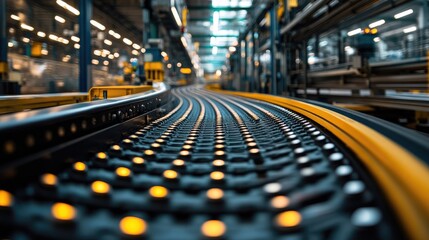 Industrial conveyor belt in a modern factory showcasing advanced automation technologies with bright lighting and organized workflow patterns