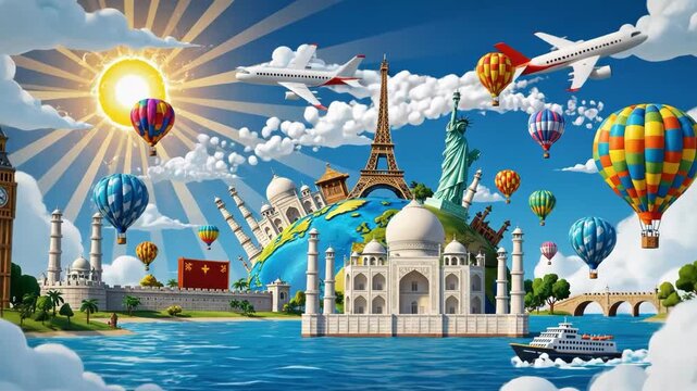 Illustration of global landmarks and travel icons around the earth