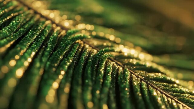 Hypnotic abstract shot showing microscopic bright jungle green feather fibers oscillating and catching reflective golden light that shimmers across the entire frame digital, smooth, shimmers