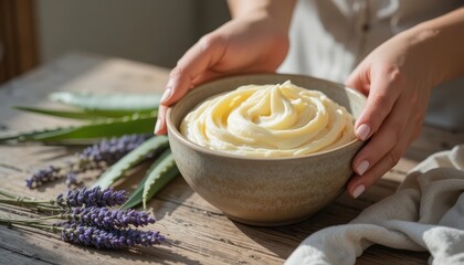 Macro shot of a woman's hands mixing whipped organic body butter in a ceramic bowl with aloe and lavender. Soft sunlit textural detail, natural lifestyle.