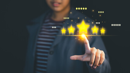 Customer touching five-star rating icon for excellent service satisfaction. Digital feedback, online review, testimonial, and business reputation management concept.