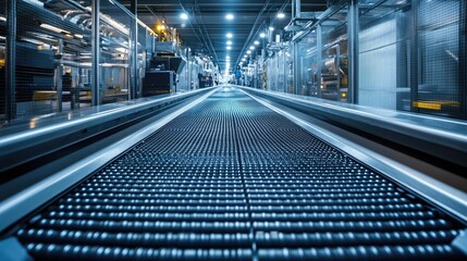 Industrial Conveyor Belt System in Modern Factory with Automated Machinery and Bright Lighting for Efficient Production and Logistics Operations
