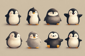 Fototapeta premium Cute cartoon penguin mascot set with kawaii animal style, rounded shapes, and soft textures, showing various happy and playful expressions in charming arrangement