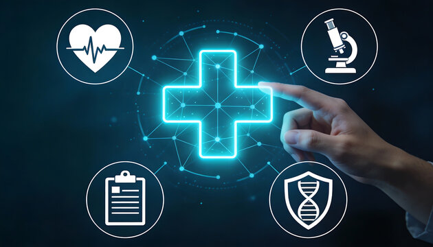 Hand touching glowing medical cross on digital healthcare network interface with heartbeat microscope checklist and genomics security icons on dark background - Powered by Adobe