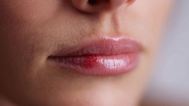 Cold sore on lip. Concept of oral viral disease and dermatological care. 