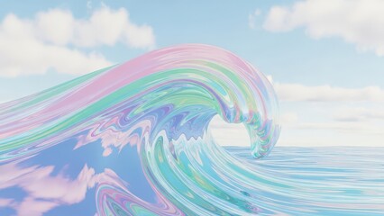 Surreal Liquid Wave With Pastel Colors In A Blue Sky With Clouds