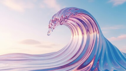 Transparent Liquid Wave Surfing Through Clear Blue Sky With Soft Pink Clouds At Sunrise