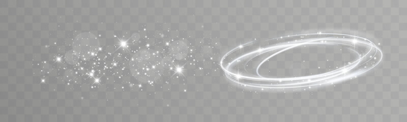 Light swirling rings with sparkling particles on transparent background.
