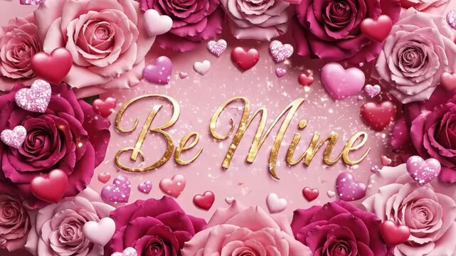 Roses and hearts with be mine text on pink background
