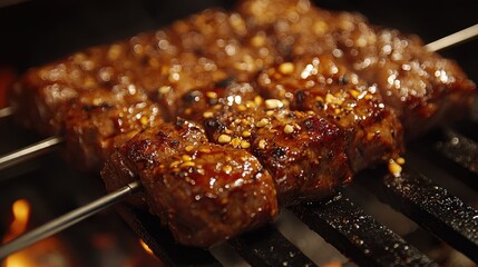 Close-up of Delicious Grilled Beef Skewers Over Charcoal with Glaze and Spices on Skewers in Outdoor Barbecue Setting
