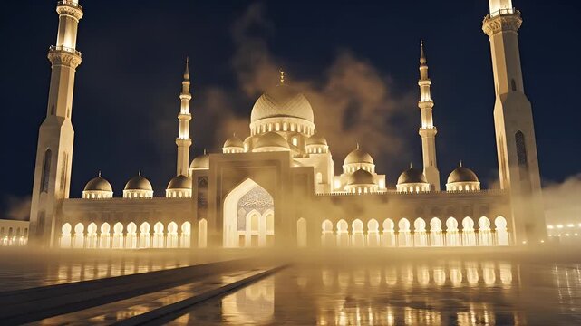 Ramadan grand mosque exterior background with glowing minarets and elegant Islamic architecture