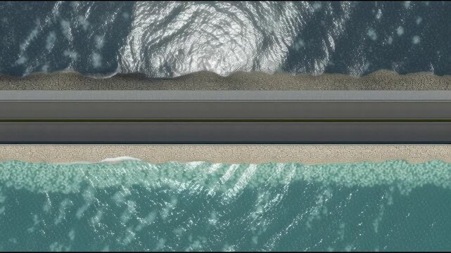 A view from above of an endless road separating two distinct bodies of water. A minimalist landscape with a highway between the dark ocean and azure water.