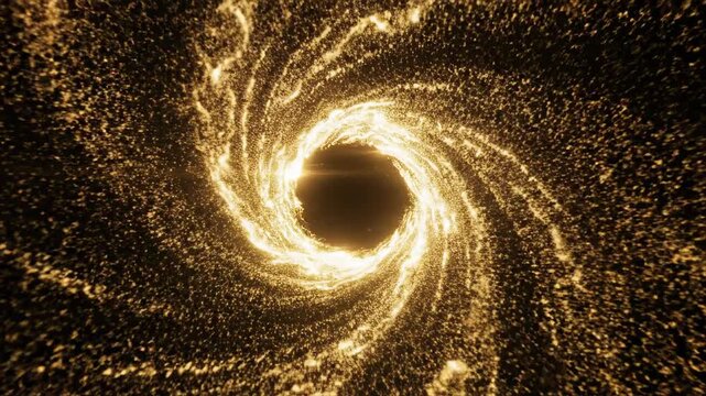 Hypnotic distortion vortex of dense golden light particles swirling into a powerful round centralized cosmic gateway on a pitch black canvas exploration, mystery, textured