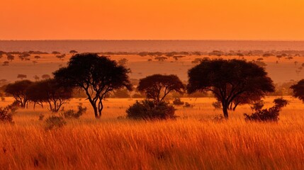 Obraz premium Vast African Savanna Illuminated by Golden Dawn Light with Silhouetted Trees and Waving Grass