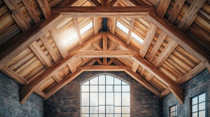Majestic wooden beams and modern design illuminate spacious interior with large windows highlighting rustic charm and natural light in an open space setting