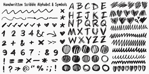 Handwritten scribble alphabet and symbols collection with unique artistic lettering