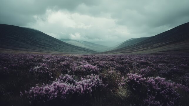 Vast expanse of rolling purple heather fields under a moody, cloudy sky in the Scottish Highlands