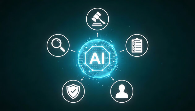 Holographic ai ethics governance interface with gavel checklist shield audit and user icons around glowing artificial intelligence core on dark technology background