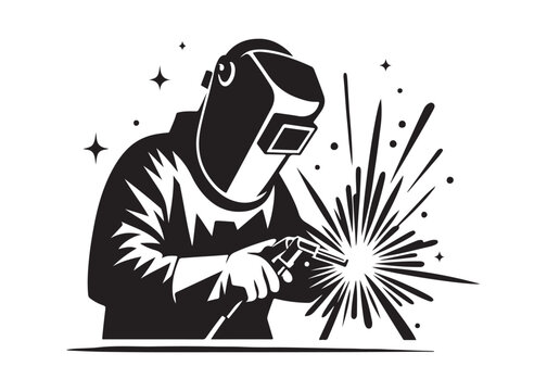 welding logo vector silhouette design, welder logo icon silhouette, vector silhouettes of workers welding metal, fabrication work vector silhouette logo design on white background