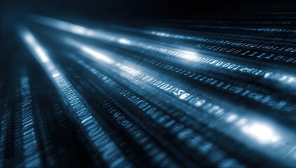 Glowing digital streams of binary code cascade, conveying data flow against a blurred background