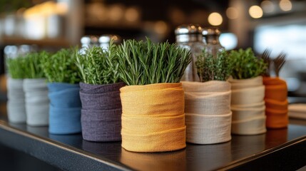 Decorative Herb Pots in Varied Colors on Wooden Table in Modern Restaurant Decor, Ideal for Culinary Themes, Interior Design Inspiration, and Greenery Aesthetics