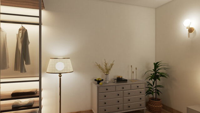 Bright luxury bedroom corner with elegant vanity table large window and sheer white curtains