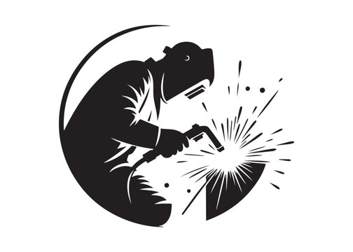 welding logo vector silhouette design, welder logo icon silhouette, vector silhouettes of workers welding metal, fabrication work vector silhouette logo design on white background