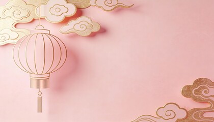 Soft Pink Chinese New Year Background with Gold Line Art Lantern and Clouds