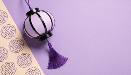 Flat Lay Purple Chinese New Year Decoration with Lantern and Paper Cut
