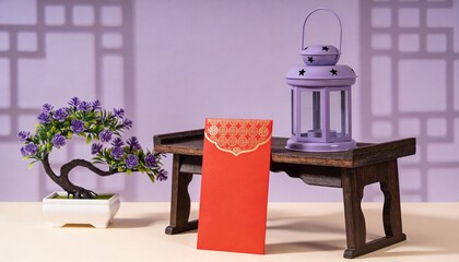 Modern Purple Chinese New Year Still Life with Red Envelope and Lantern