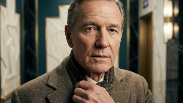 old guy - A dignified older man adjusting his collar in a luxurious, art-deco styled interior, radiating sophistication and elegance, with ornate patterns and soft lighting enhancing the atmosphere