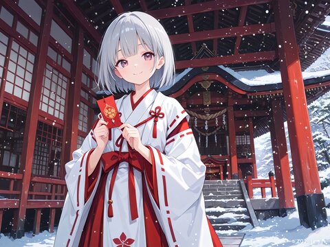 素敵な女性　白髪　ショートヘアー　紅白の巫女服を着ている　神社　雪が降っている　笑顔　和室