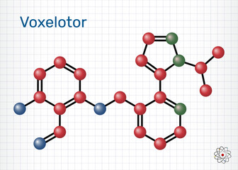 Voxelotor molecule, haemoglobin modifier. Drug used for the treatment of sickle cell disease. Sheet of paper in a cage. Molecular model. Vector Illustration