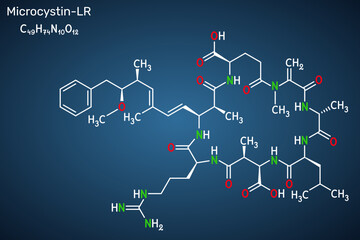Microcystin-LR, toxic cyanotoxin molecule. Skeletal chemical formula. Dark blue background. Vector illustration
