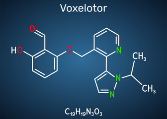 Voxelotor molecule, haemoglobin modifier. Drug used for the treatment of sickle cell disease. Skeletal chemical formula. Dark blue background. Vector illustration