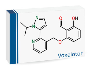 Voxelotor molecule, haemoglobin modifier. Drug used for the treatment of sickle cell disease. Skeletal chemical formula. Paper packaging for drugs. Vector illustration