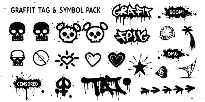 Collection of black and white graffiti tags symbols and playful doodles