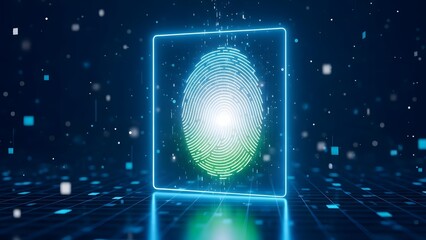 Glowing fingerprint scan in neon blue light