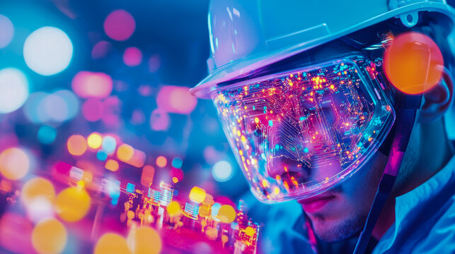 Visionary Engineer with Immersive Augmented Reality Visor, Displaying Vibrant Digital Circuits and Data in High-Tech, Future-Forward Cybernetic Environment.