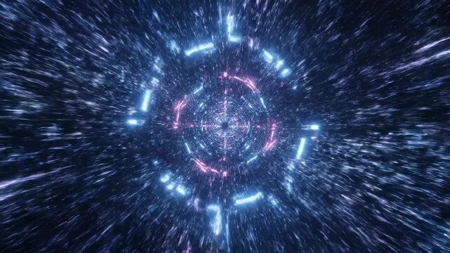 Hypnotic infinite flight through a vibrant neon blue and pink pulsating sci-fi tunnel featuring digital noise static and rapidly changing electronic geometry grid structure, retro future, geometry