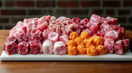 Fresh Assortment of Raw Meats on a White Platter with Colorful Cuts Including Red, Pink, and Orange Varieties on a Wooden Table Background